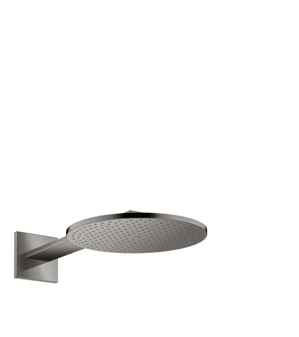 Kopfbrause mit flachem, rundem Kopf und eingebautem Brausearm, montiert an einer Wand, in einem matten Schwarzton, von der Marke AXOR.